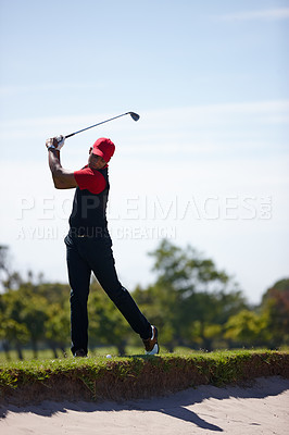 Buy stock photo Man, swing and club for golf tournament on field, driver and international sports or contest. Black male person, athlete and equipment for practice, training and challenge in competition on technique