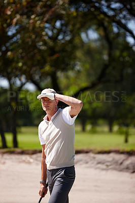 Buy stock photo Man, outdoor and looking for ball in golf game on course to see action in sport or competition. Athlete, search and find target for practice on turf of club or thinking about challenge on field