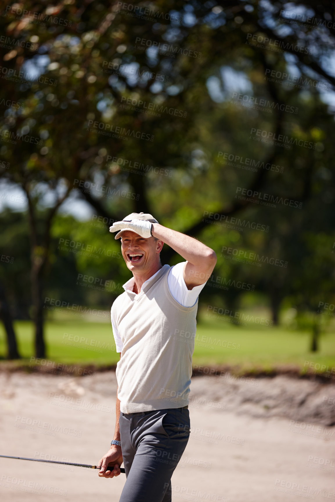 Buy stock photo Man, outdoor and looking for ball in golf game on course to see action in sport or competition. Athlete, search or find target for practice on turf of club and thinking about challenge on field