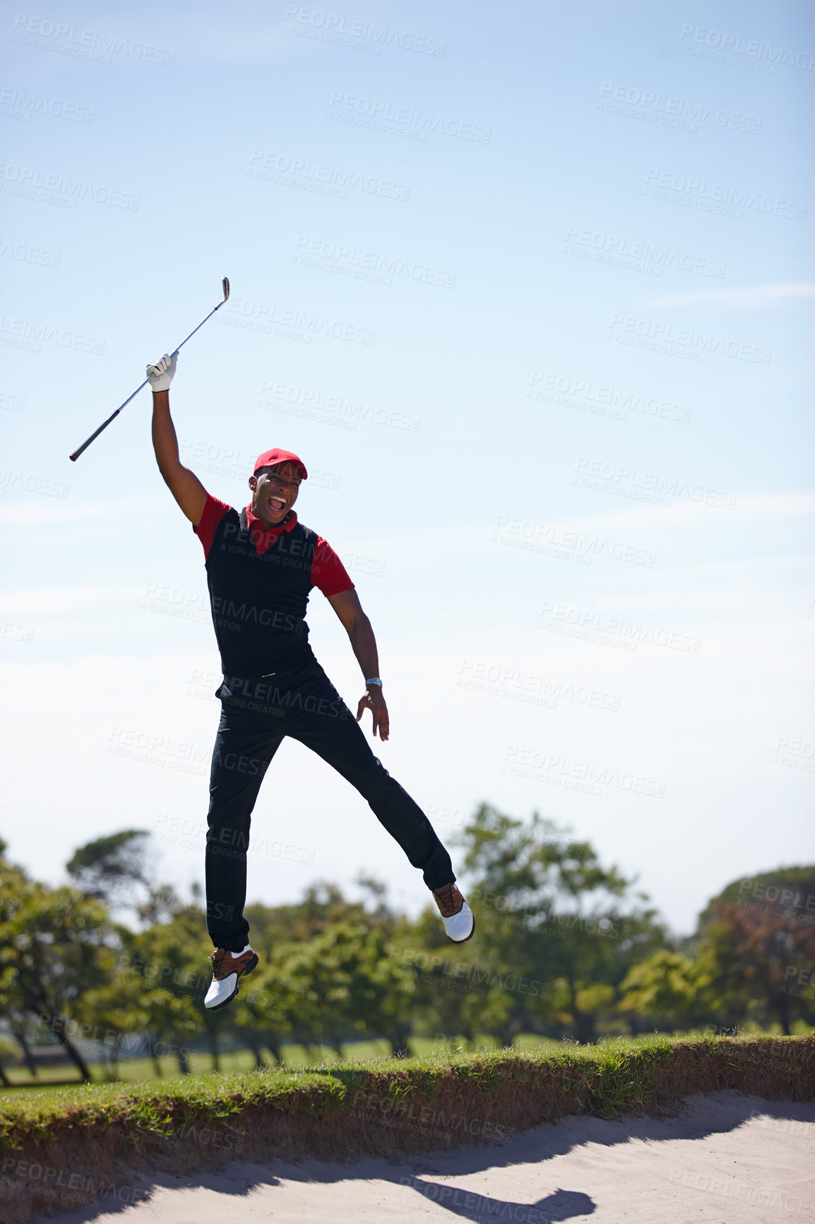 Buy stock photo Excited man, golfer and winning with jump in celebration for victory, score or point by sand pit in nature. Happy male person or sports player with smile on golf course for match or game on mockup