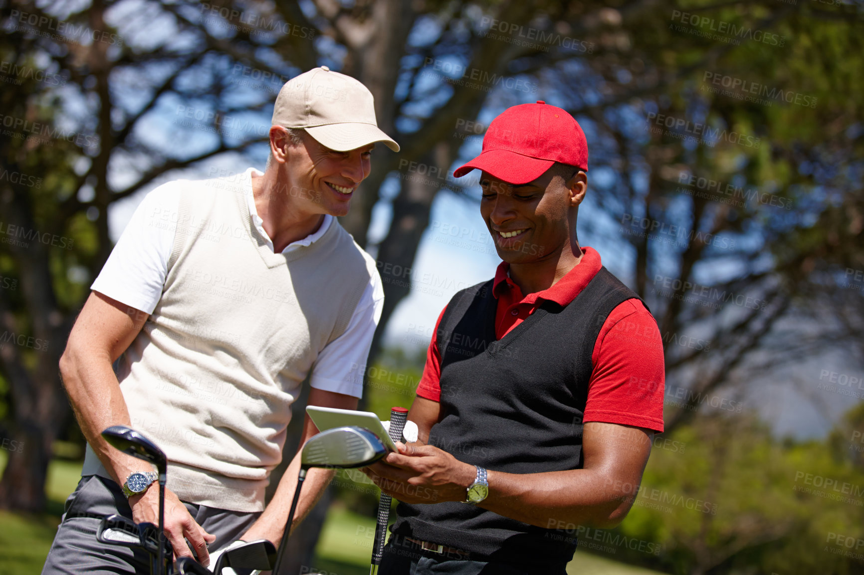 Buy stock photo Golf, men and tablet for sports, fitness and online for exercise and recreation in summer outdoor. Golfers or athlete and smile with tech for internet on field for training, activity and games 
