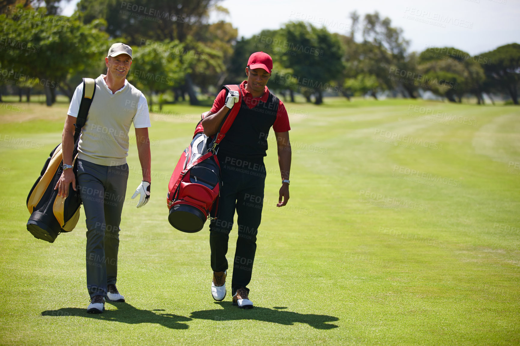 Buy stock photo Walking, course and people outdoor for golf, game and training together at club in summer. Golfer, competition and men on grass turf in park with happiness from sport, event and healthy challenge