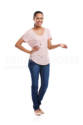 Buy stock photo Portrait, product and mockup with a model black woman in studio isolated on a white background for branding. Marketing, advertising and mock up with a female posing to promote blank product placement