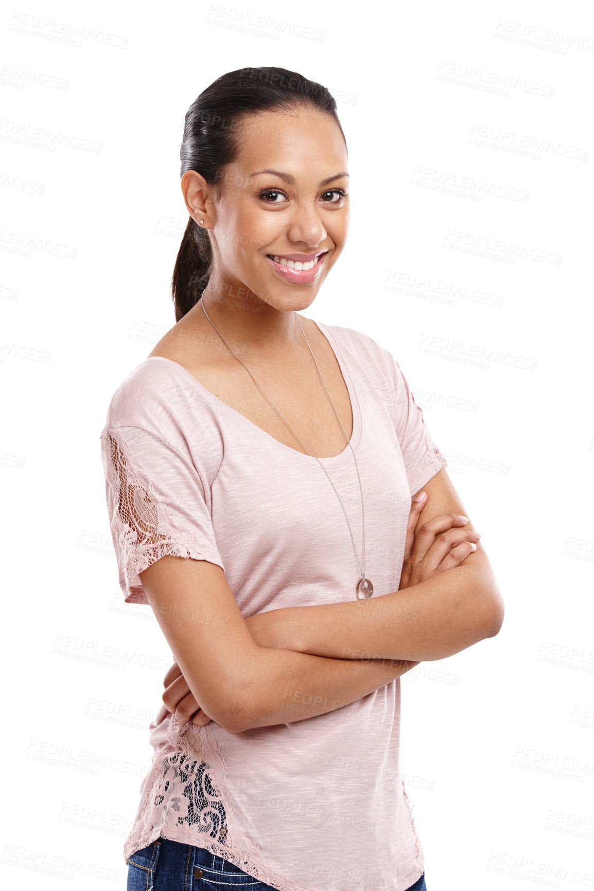 Buy stock photo Woman, casual and arms crossed with smile for happy goals, ambition or profile against a white studio background. Portrait of young isolated female model posing with crossed arms in confidence