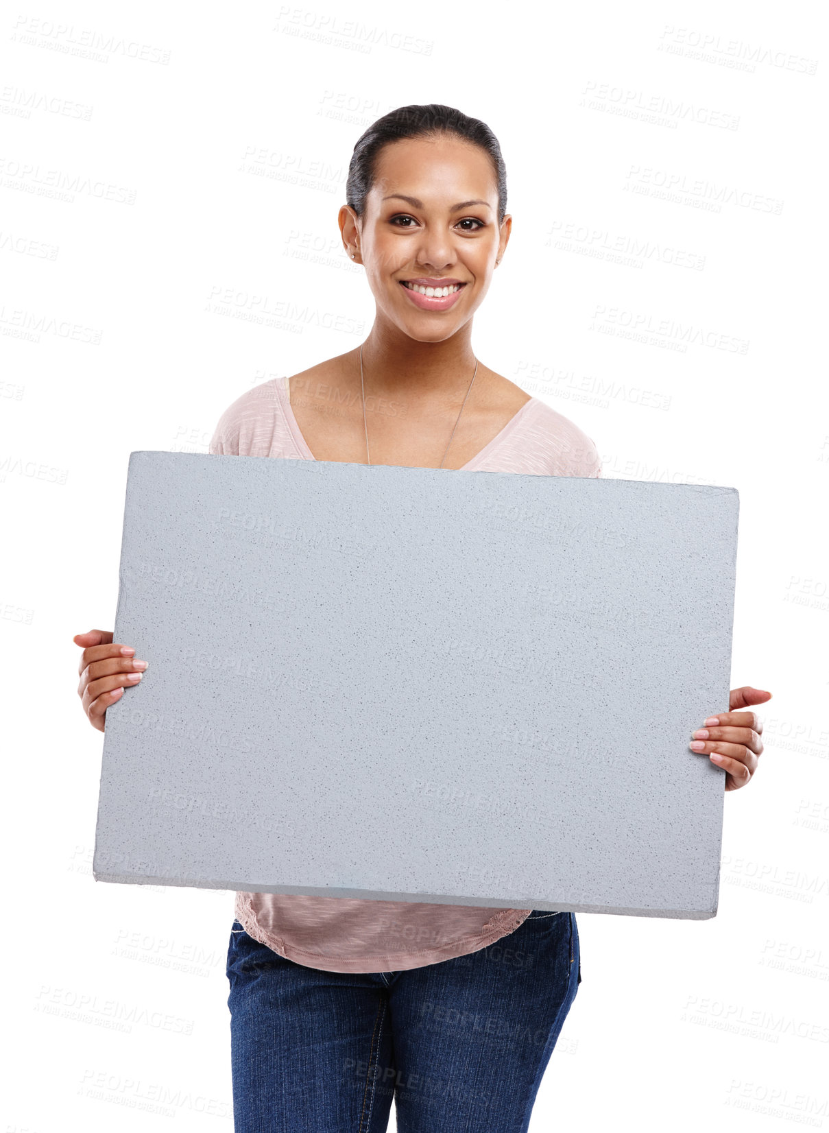 Buy stock photo Woman, studio portrait and mockup poster with smile, marketing or happy by white background. Isolated black woman, mock up billboard and happiness for branding, blank paper board and advertising sign