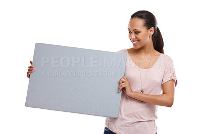 Buy stock photo Studio, mockup and woman with banner on a white background for announcement, information and message. Marketing, advertising and happy girl isolated with gray poster for branding, logo and text print