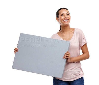 Buy stock photo Woman, blank poster and model with a marketing space and advertisement sign. Isolated, white background and happy person smile with advertising billboard mockup for sale or deal on paper