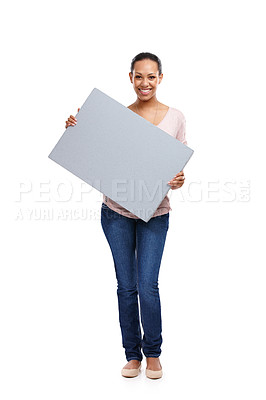 Buy stock photo Woman, studio portrait and marketing poster with smile, mock up and happy by white background. Isolated black woman, mockup billboard and happiness for branding, blank paper board and advertising