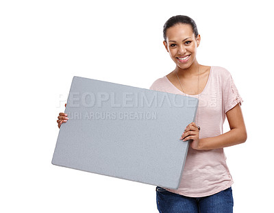 Buy stock photo Black woman, blank sign and portrait of a model holding a marketing and advertisement poster. Isolated, white background and happy person smile with advertising billboard for sale or paper deal