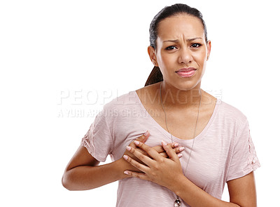 Buy stock photo Woman, breast and cancer holding chest in discomfort, pain or ache against a white studio background. Portrait of isolated young female clutching boobs touching painful area, sore or inflammation