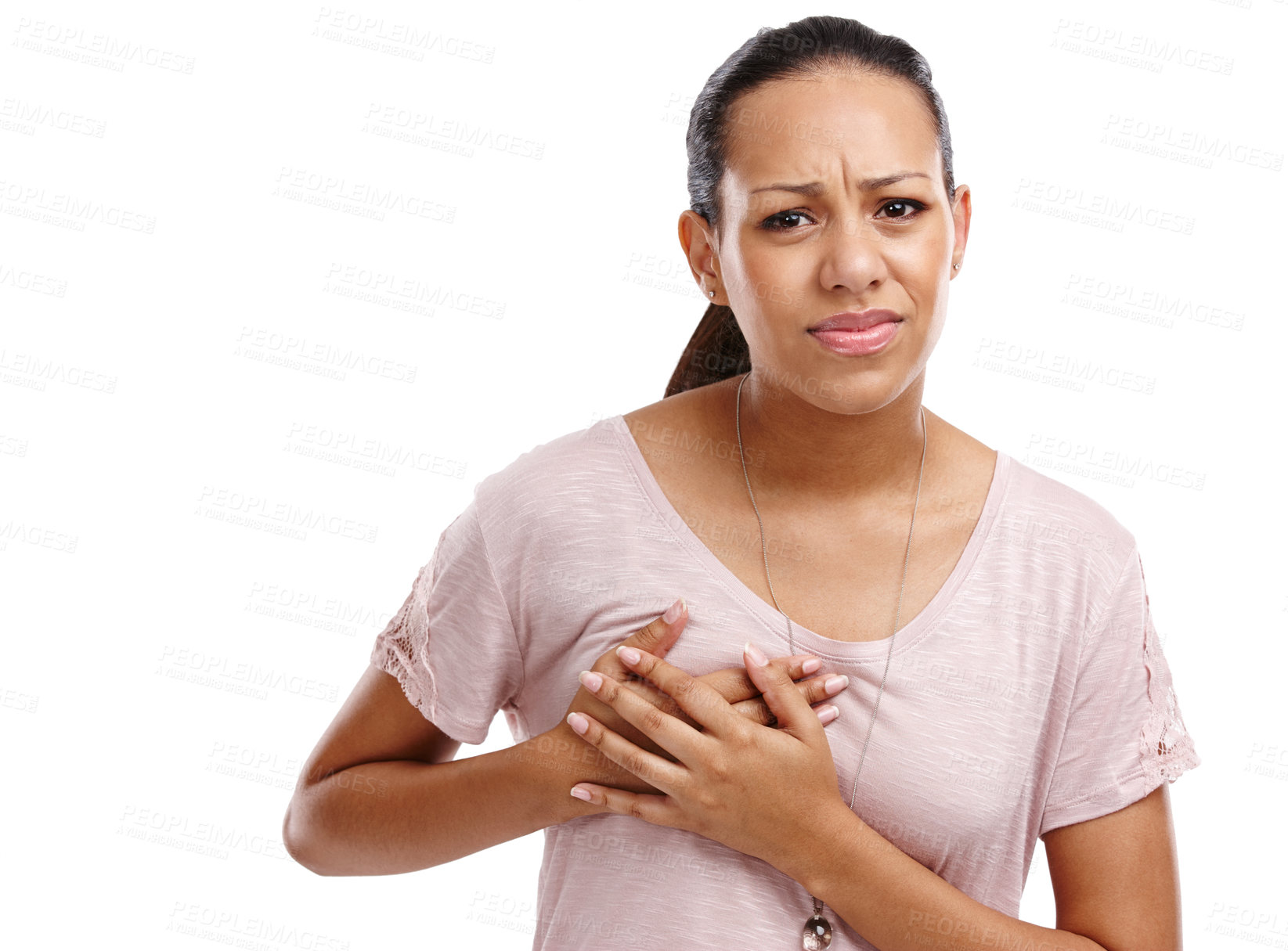 Buy stock photo Woman, breast and cancer holding chest in discomfort, pain or ache against a white studio background. Portrait of isolated young female clutching boobs touching painful area, sore or inflammation