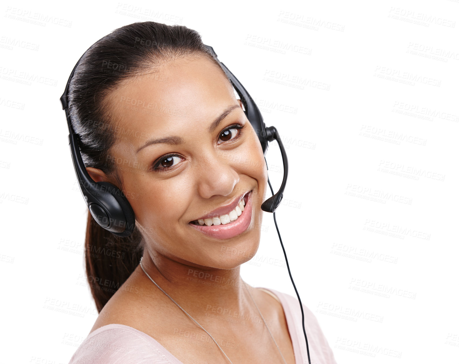 Buy stock photo Woman, portrait and call center consultant in studio, headset with CRM with customer service isolated on white background. Contact us, telemarketing with tech support, customer care and worker smile