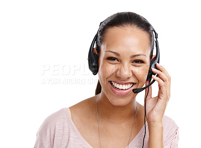 Buy stock photo Woman, portrait and call center worker in studio, headset with CRM with customer service isolated on white background. Contact us, telemarketing with tech support, customer care and employee smile