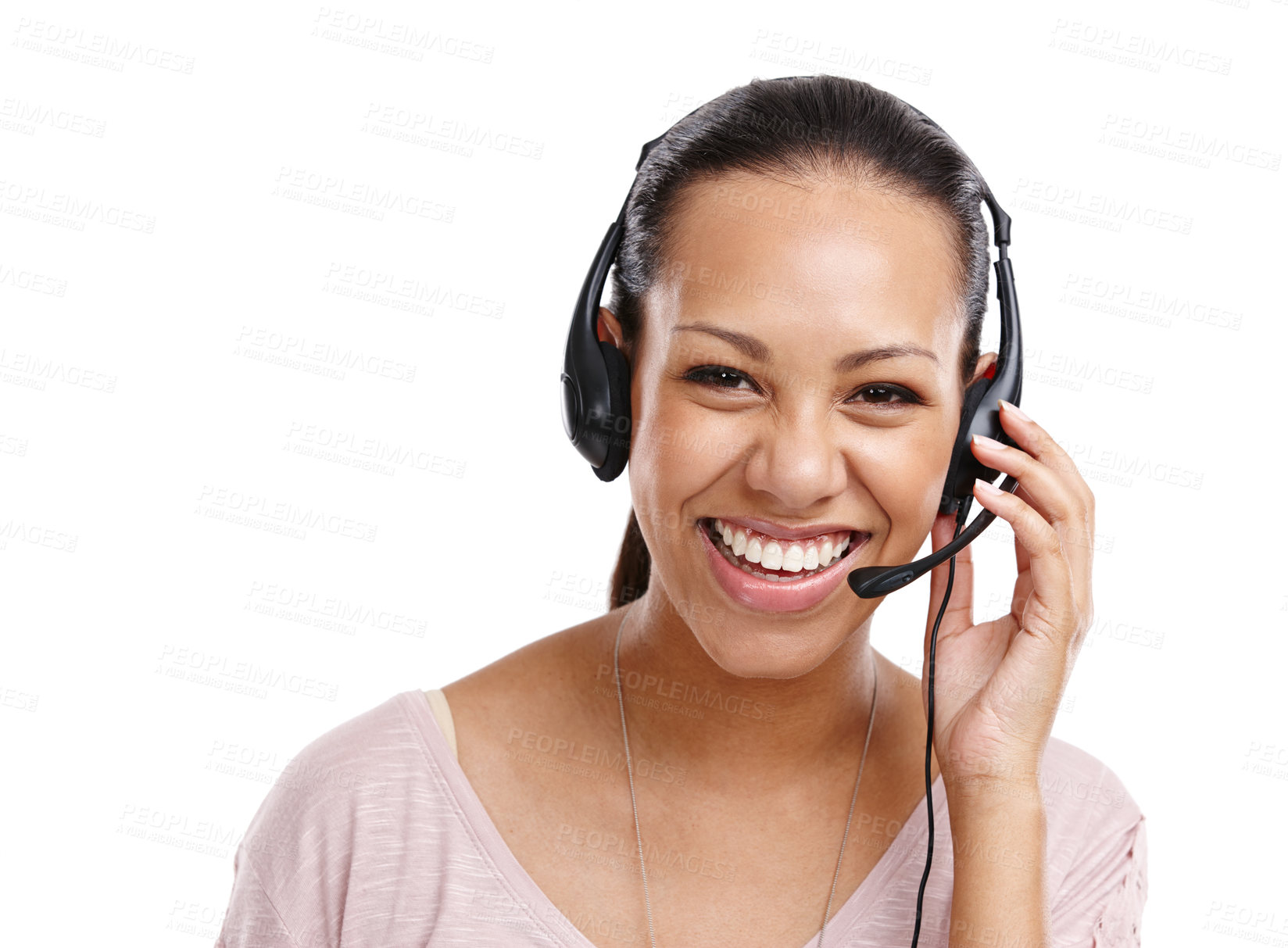 Buy stock photo Woman, portrait and call center worker in studio, headset with CRM with customer service isolated on white background. Contact us, telemarketing with tech support, customer care and employee smile