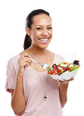 Buy stock photo Woman in portrait, eating salad and healthy with diet and nutrition, detox and wellness with food isolated on white background. Vegetables, organic and health motivation, weight loss and body care