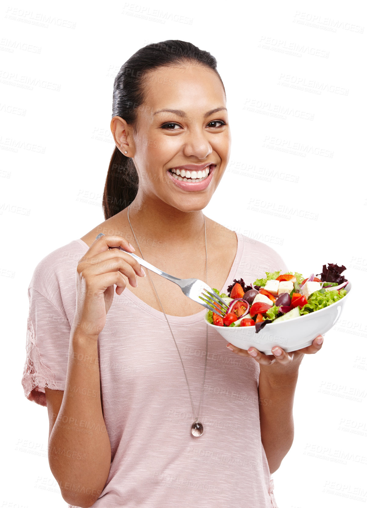 Buy stock photo Woman in portrait, eating salad and healthy with diet and nutrition, detox and wellness with food isolated on white background. Vegetables, organic and health motivation, weight loss and body care