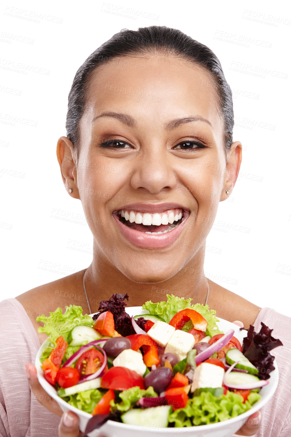 Buy stock photo Happy, wellness and portrait of black woman with salad for health, diet and lose weight nutrition lifestyle. Attractive smile of excited woman with healthy food on isolated white background