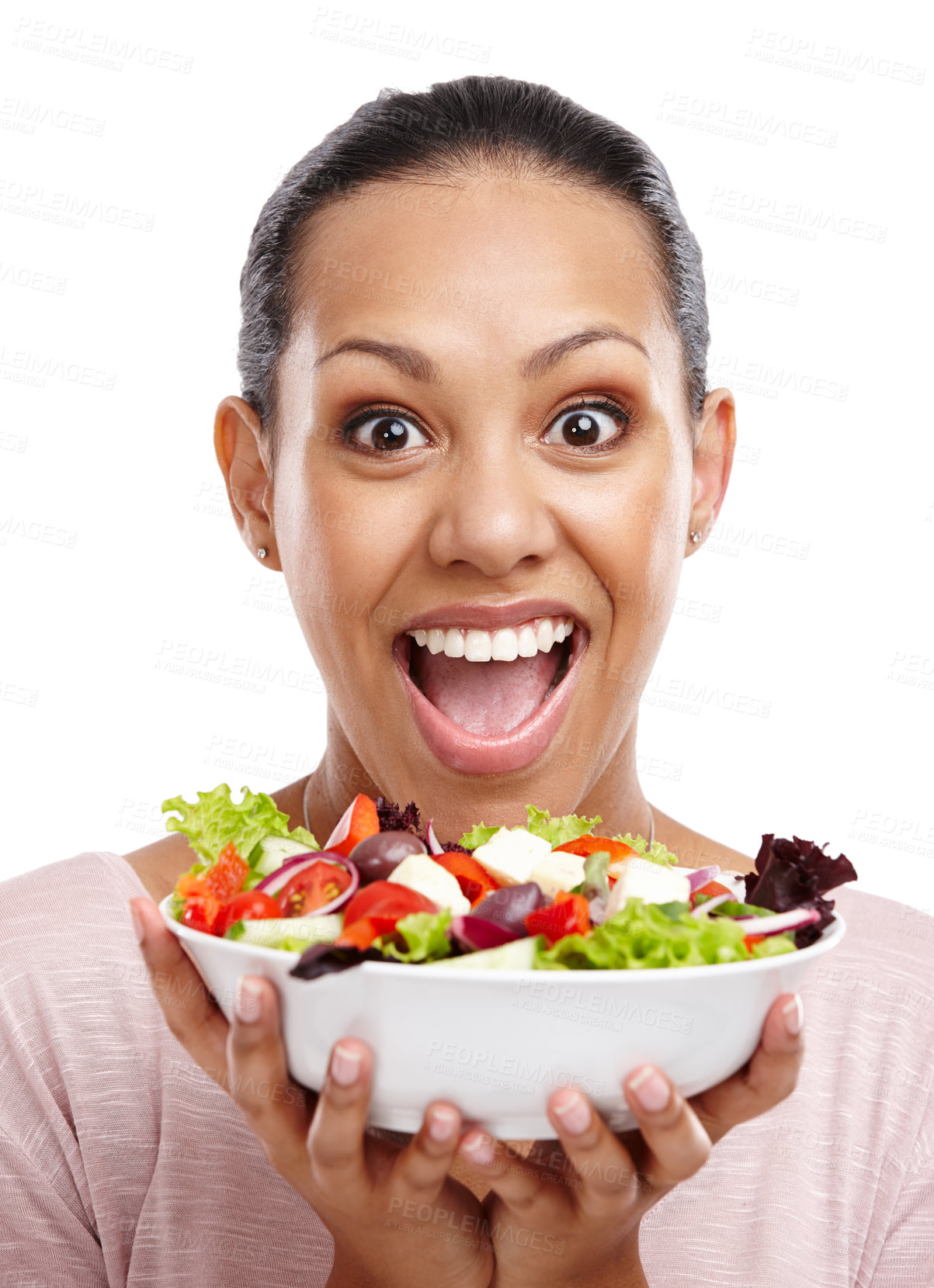 Buy stock photo Health, wow and portrait of woman with salad for diet, wellness and lose weight nutrition lifestyle. Smile of happy and excited black woman with healthy food on isolated white background.