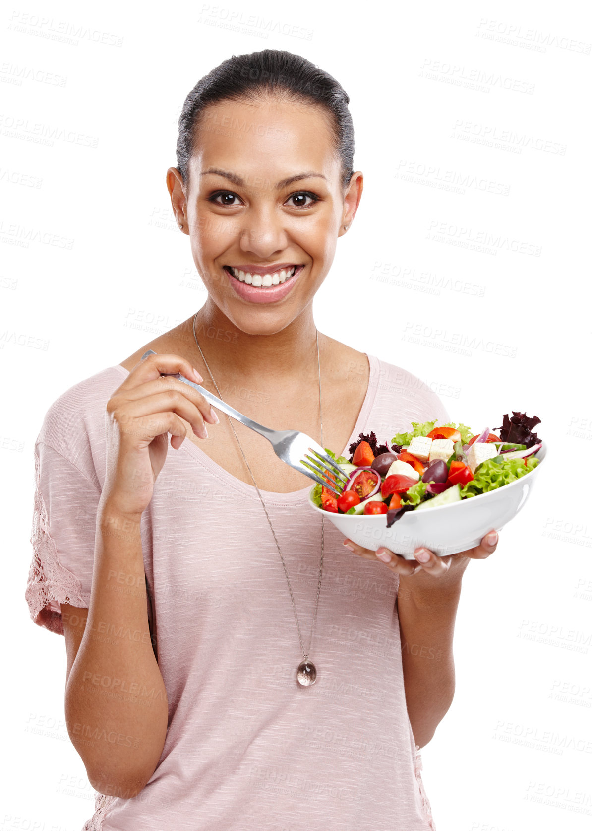 Buy stock photo Woman, eating salad and healthy food with diet and nutrition, detox and wellness isolated on white background. Vegetables, portrait and organic with health motivation, weight loss and body care