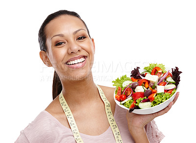 Buy stock photo Lose weight, measuring tape and portrait of girl with salad for health, wellness and diet nutrition lifestyle. Smile of happy black woman with healthy food on isolated white background.