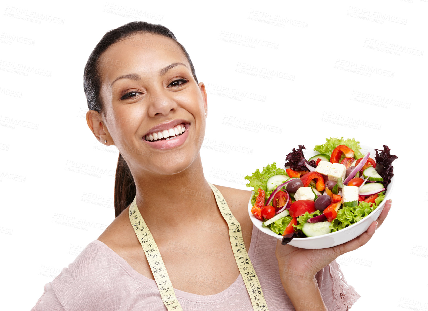 Buy stock photo Lose weight, measuring tape and portrait of girl with salad for health, wellness and diet nutrition lifestyle. Smile of happy black woman with healthy food on isolated white background.