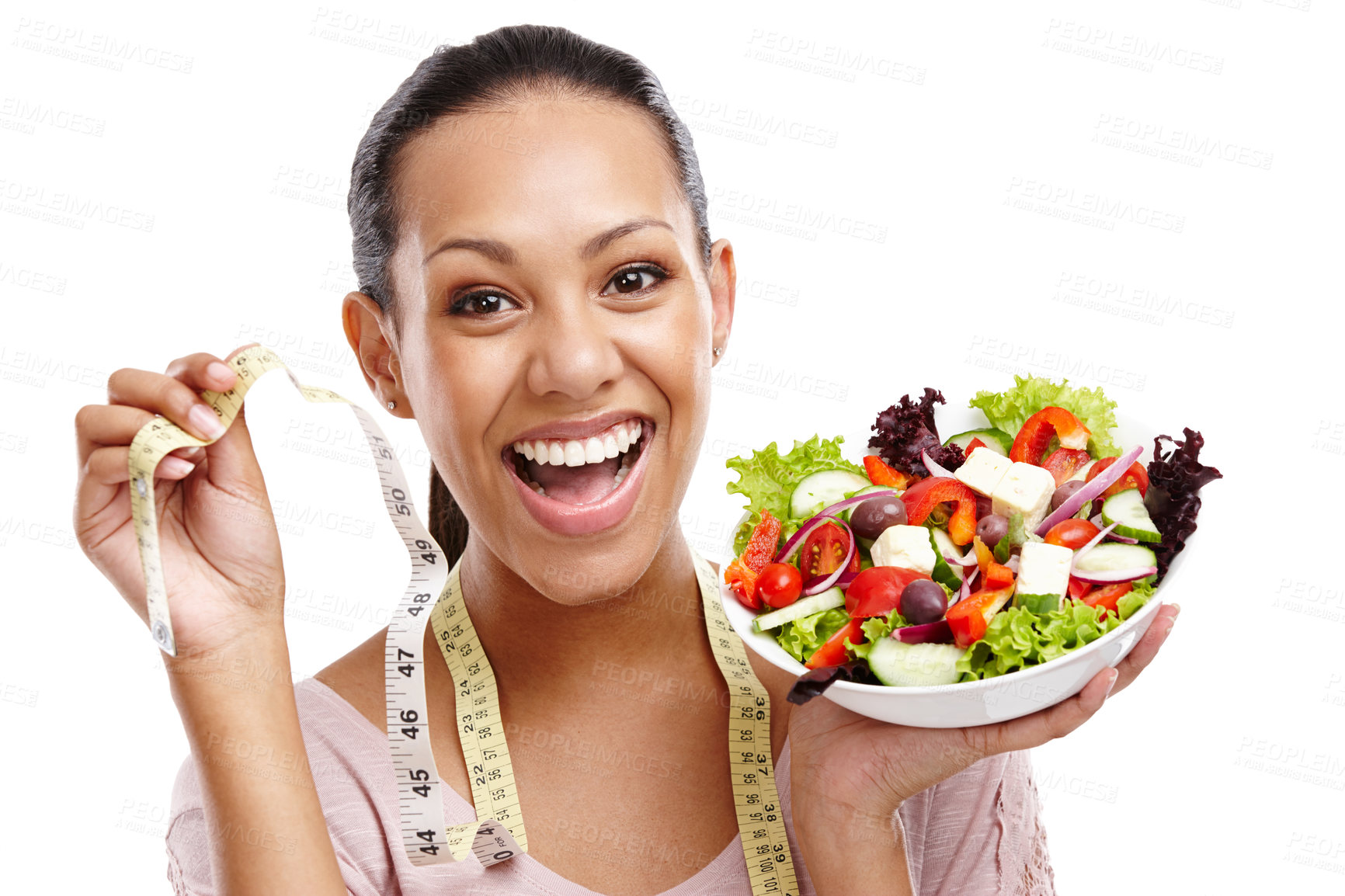 Buy stock photo Diet, measuring tape and portrait of woman with salad for health, wellness and lose weight nutrition lifestyle. Smile of happy black woman with healthy food on isolated white background.