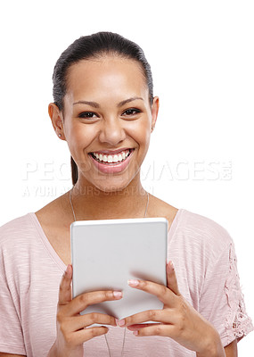 Buy stock photo Woman, tablet and smile for digital marketing, social media or research against a white background. Portrait of isolated attractive young female holding wireless touchscreen for online entertainment