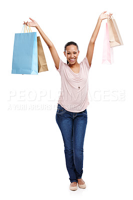 Buy stock photo Fashion, portrait and woman with shopping bags in studio isolated on a white background. Black Friday discount, sales deals and happy female customer holding gifts after buying at mall, store or shop