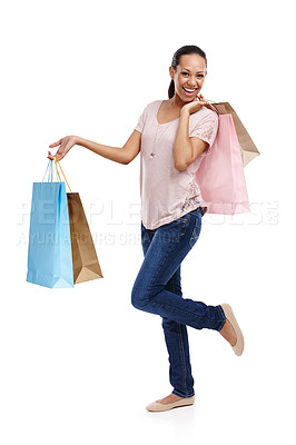 Buy stock photo Studio, fashion and portrait of woman with shopping bags isolated on a white background. Black Friday discount, sales deals and happy female customer holding gifts after buying at mall, store or shop