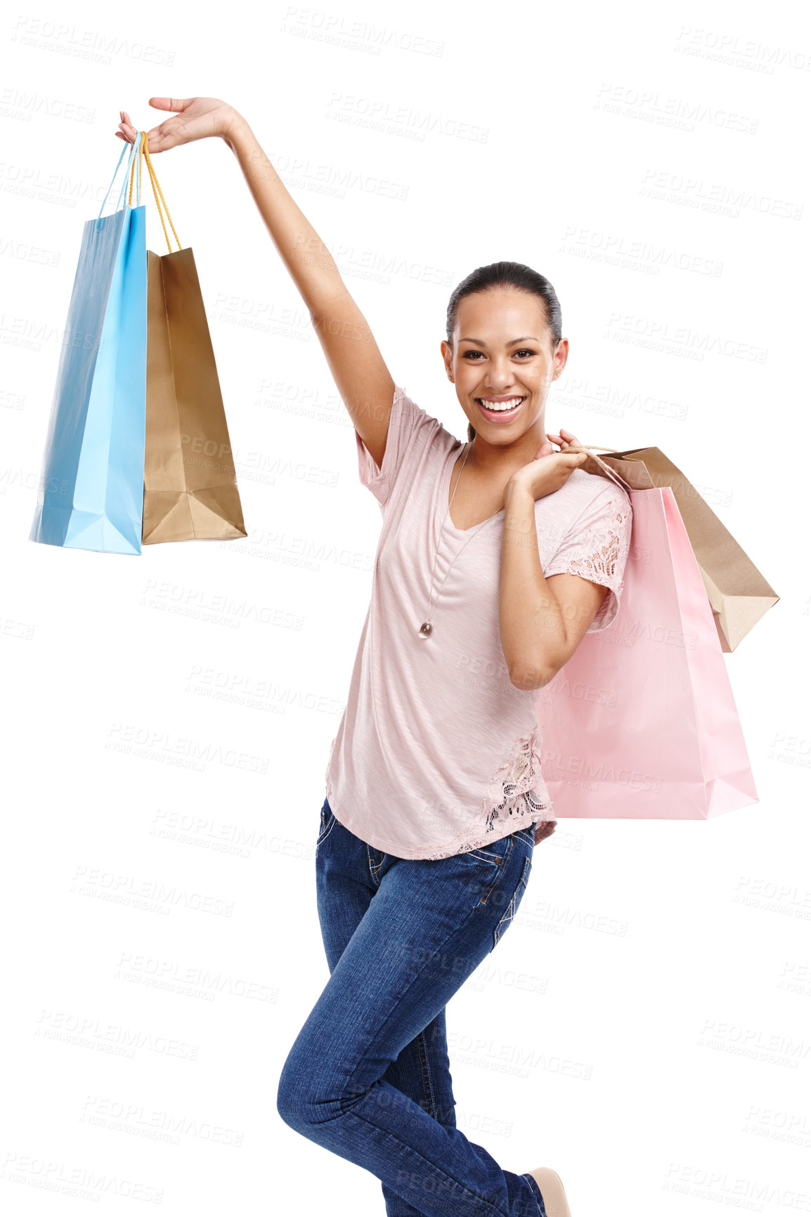 Buy stock photo Shopping bags, fashion and portrait of woman in studio isolated on a white background. Black Friday discount, sales deals and happy female customer holding gifts after buying at mall, store or shop.