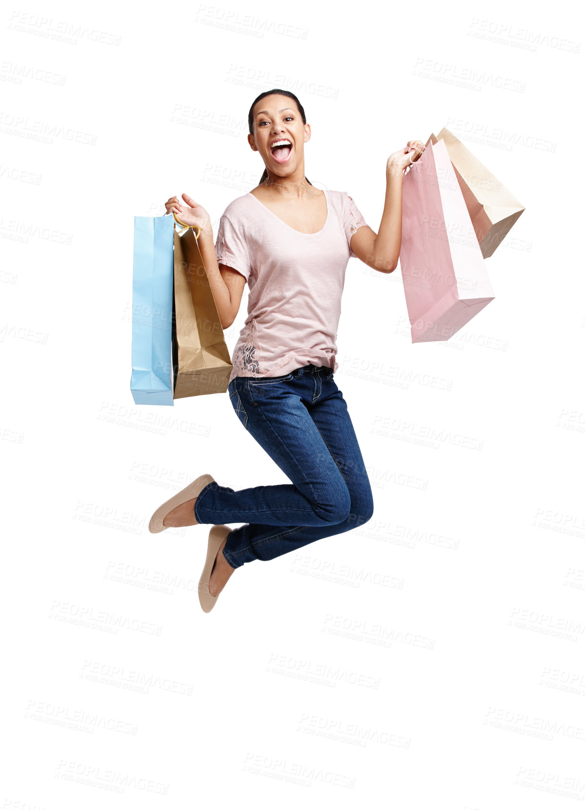 Buy stock photo Portrait, fashion and woman jump with shopping bags in studio isolated on white background mockup. Discount celebration, sales deals and happy female customer jumping with gifts after buying at mall