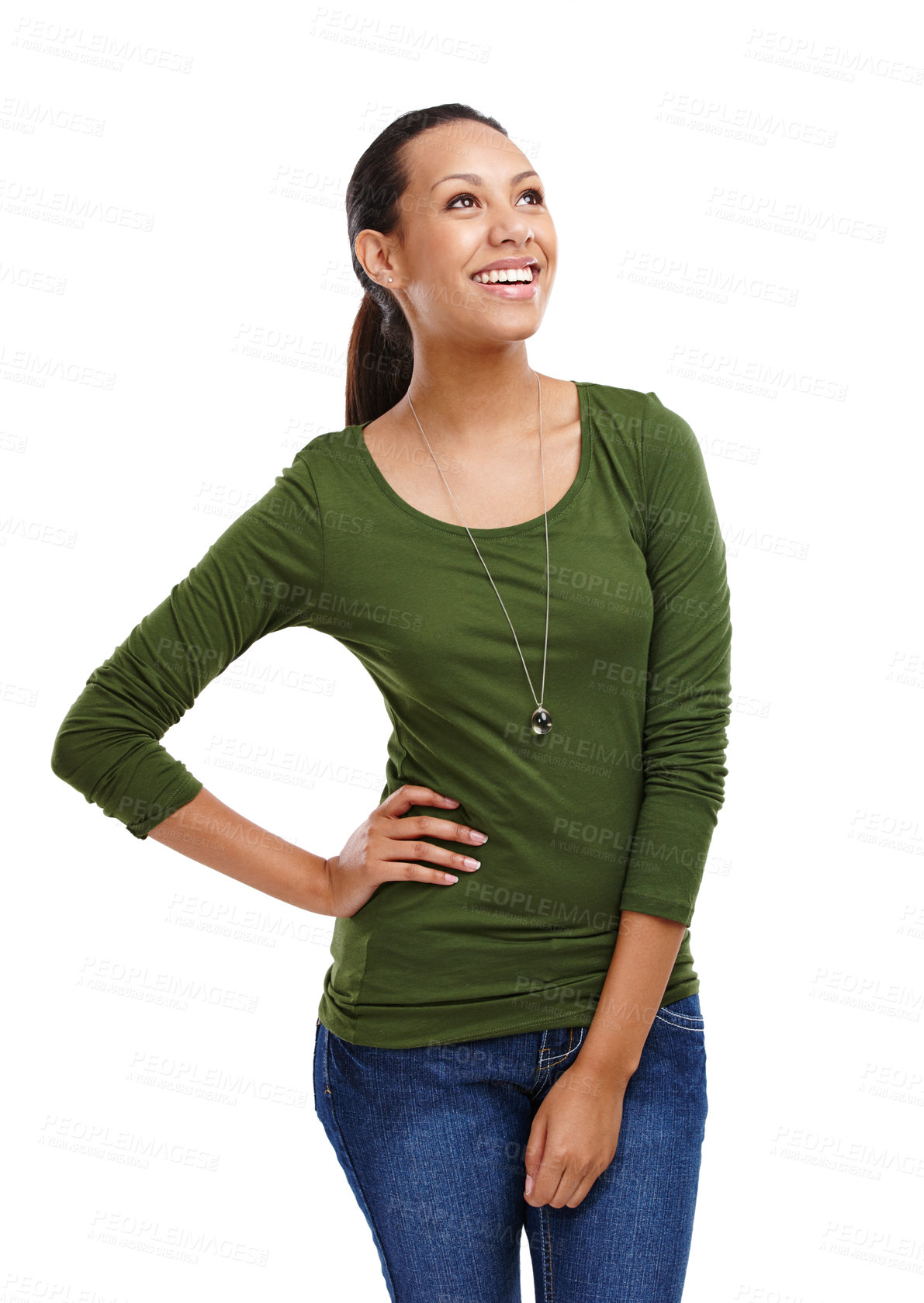 Buy stock photo Woman, smile and hand on hips in isolated, looking away and white background or studio. Female person, happy and confident in backdrop for fashion, style and outfit with pride, clothing and beauty