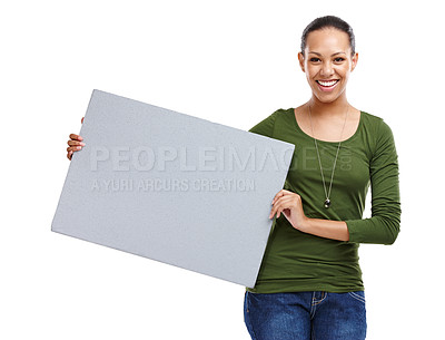 Buy stock photo Portrait, woman and poster for advertising mockup, information or news with billboard on white background. Announcement, coming soon or join us with sign for marketing, promo and ads in studio