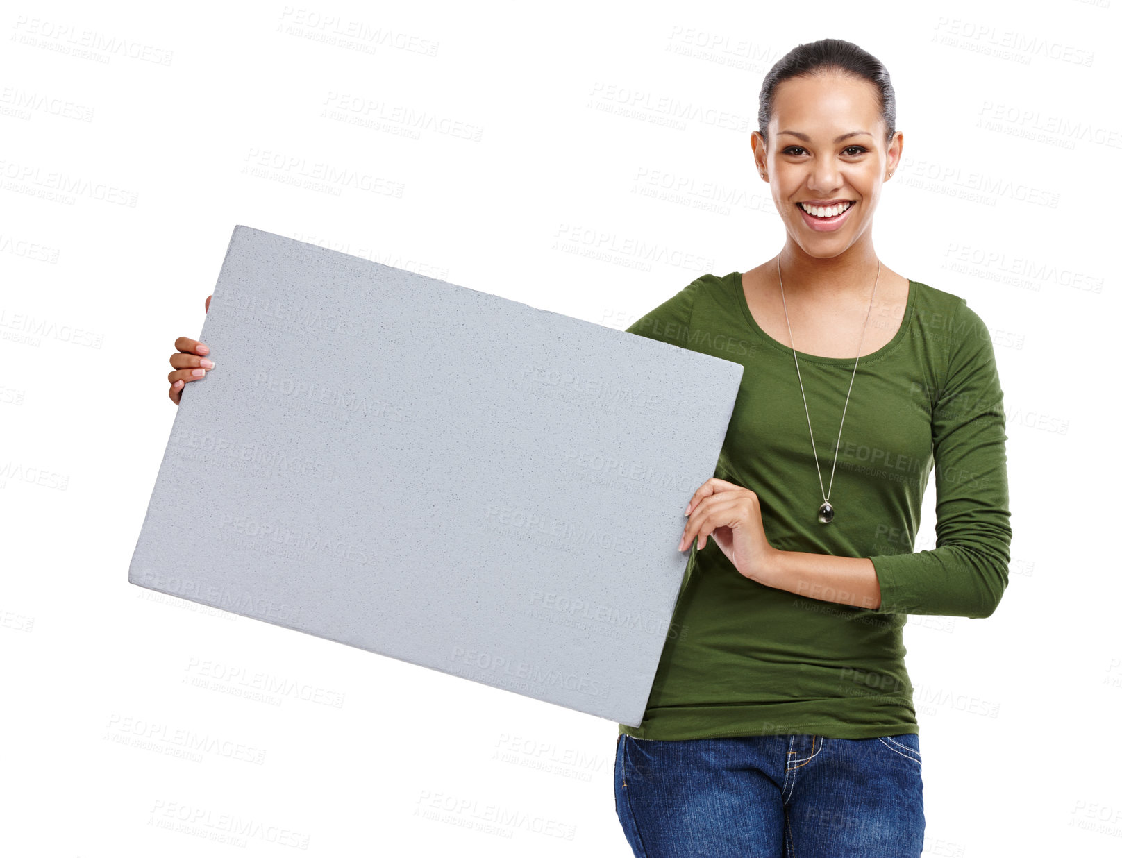 Buy stock photo Portrait, woman and poster for advertising mockup, information or news with billboard on white background. Announcement, coming soon or join us with sign for marketing, promo and ads in studio