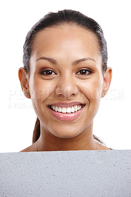 Buy stock photo Face, woman and poster for advertising mockup, information or news with billboard isolated on white background. Announcement, coming soon or join us with sign for marketing, promo and ads in portrait