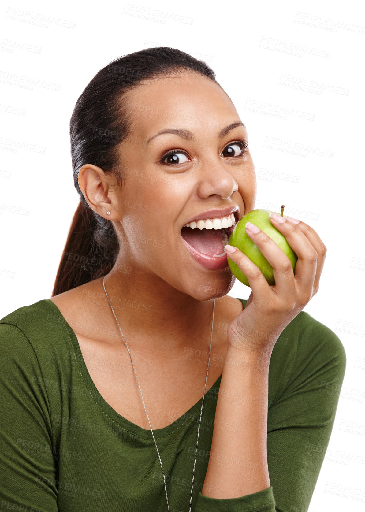 Buy stock photo Woman, portrait and apple for bite in studio, benefits and fruit for nutrition on white background. Female person, smile and pride for detox or minerals for diet, weight loss and organic vitamins