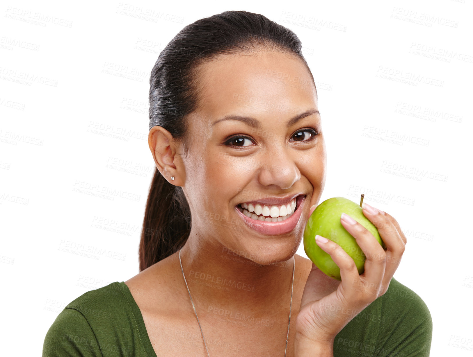 Buy stock photo Woman, portrait and apple for detox in studio, benefits and fruit for nutrition on white background. Female person, smile and pride for self care or minerals on diet, weight loss and organic vitamins