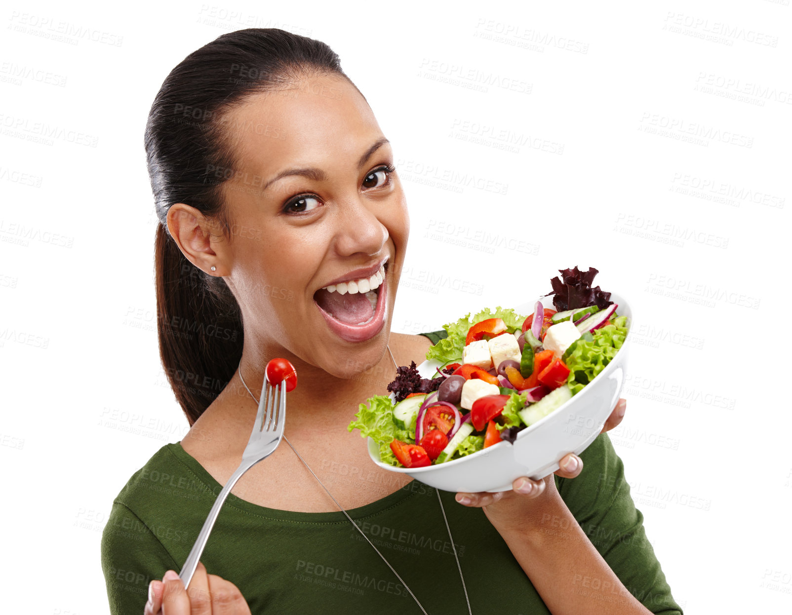 Buy stock photo Woman, portrait and salad for health in studio, benefits and vegetables for nutrition on white background. Female person, organic and pride for detox or minerals on diet, weight loss and vitamins