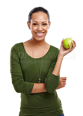 Buy stock photo Woman, portrait and apple for fiber in studio, benefits and fruit for nutrition on white background. Female person, smile and pride for detox or minerals for diet, weight loss and organic vitamins