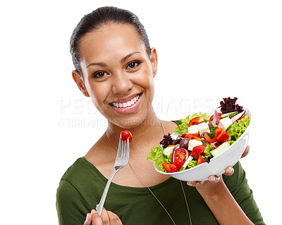 Buy stock photo Woman, portrait and salad for meal in studio, benefits and vegetables for nutrition on white background. Female person, organic and pride for detox or minerals on diet, weight loss and vitamins