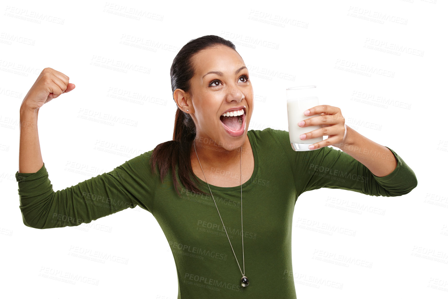 Buy stock photo Woman, strong and milk for calcium in studio, dairy and milkshake for nutrition on white background. Person, empowerment and proud of vanilla smoothie for diet, weight loss and organic vitamin d