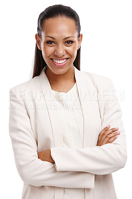 Buy stock photo Businesswoman, portrait and smile in corporate, backdrop and office in white background or studio. Businessperson, woman and suit with happiness, confidence and pride for job, opportunity and hiring