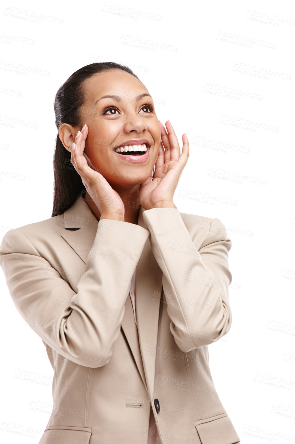 Buy stock photo Happy, businesswoman and hands on face for creative thinking or unique perspective in studio. Portrait of professional female and smile with gesture for new ideas, vision or innovation at startup