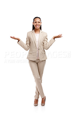 Buy stock photo Choice, studio and African woman for business or career, cheerful or happy with smile. Female person, secretary and hands on white background, professional with comparison and versus in Jamaica