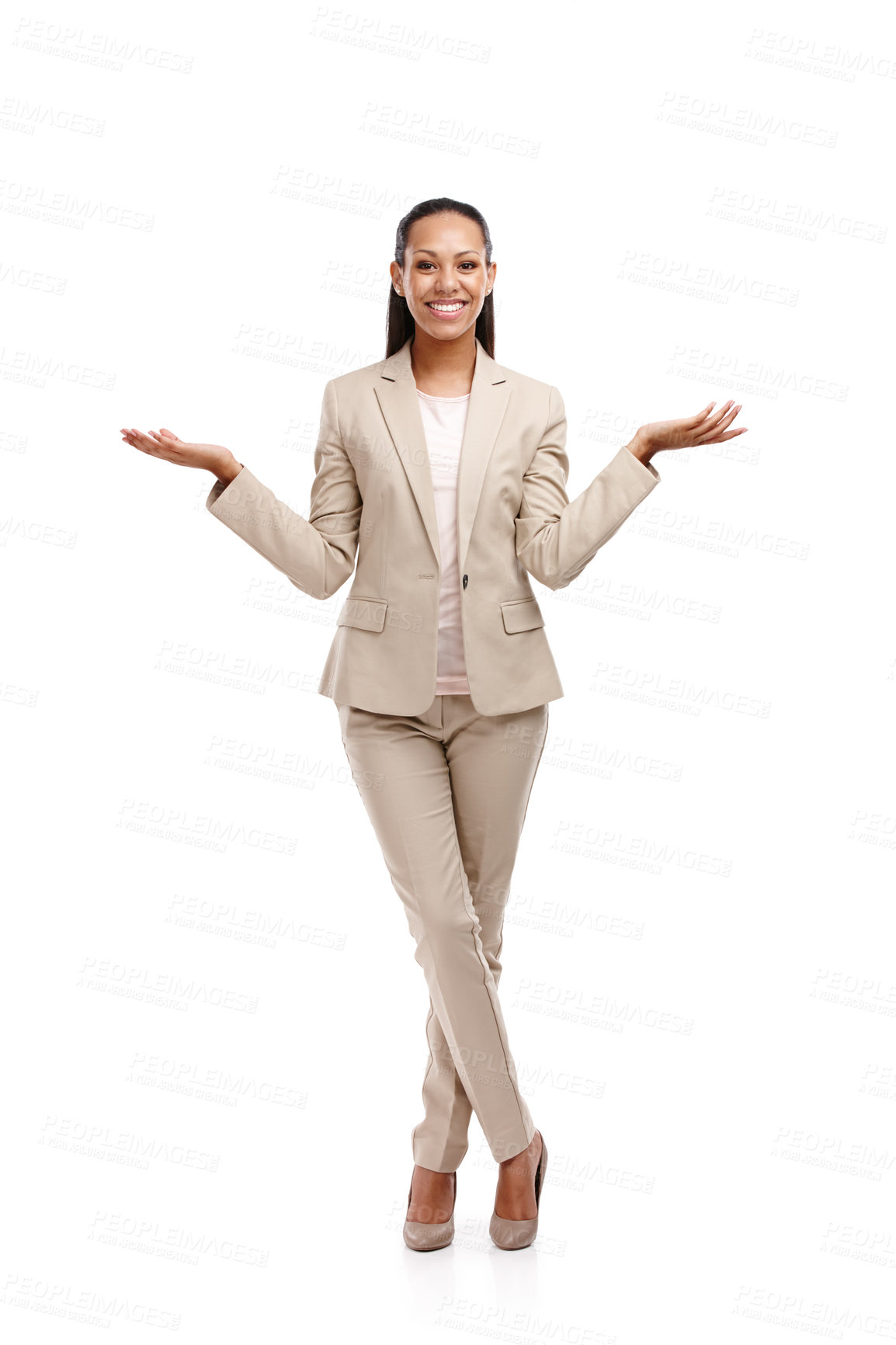 Buy stock photo Choice, studio and African woman for business or career, cheerful or happy with smile. Female person, secretary and hands on white background, professional with comparison and versus in Jamaica