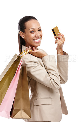 Buy stock photo Woman, shopping bag and corporate credit card in portrait, business purchase and payment with sale on white background. Finance, company expense and discount at retail store with customer in studio