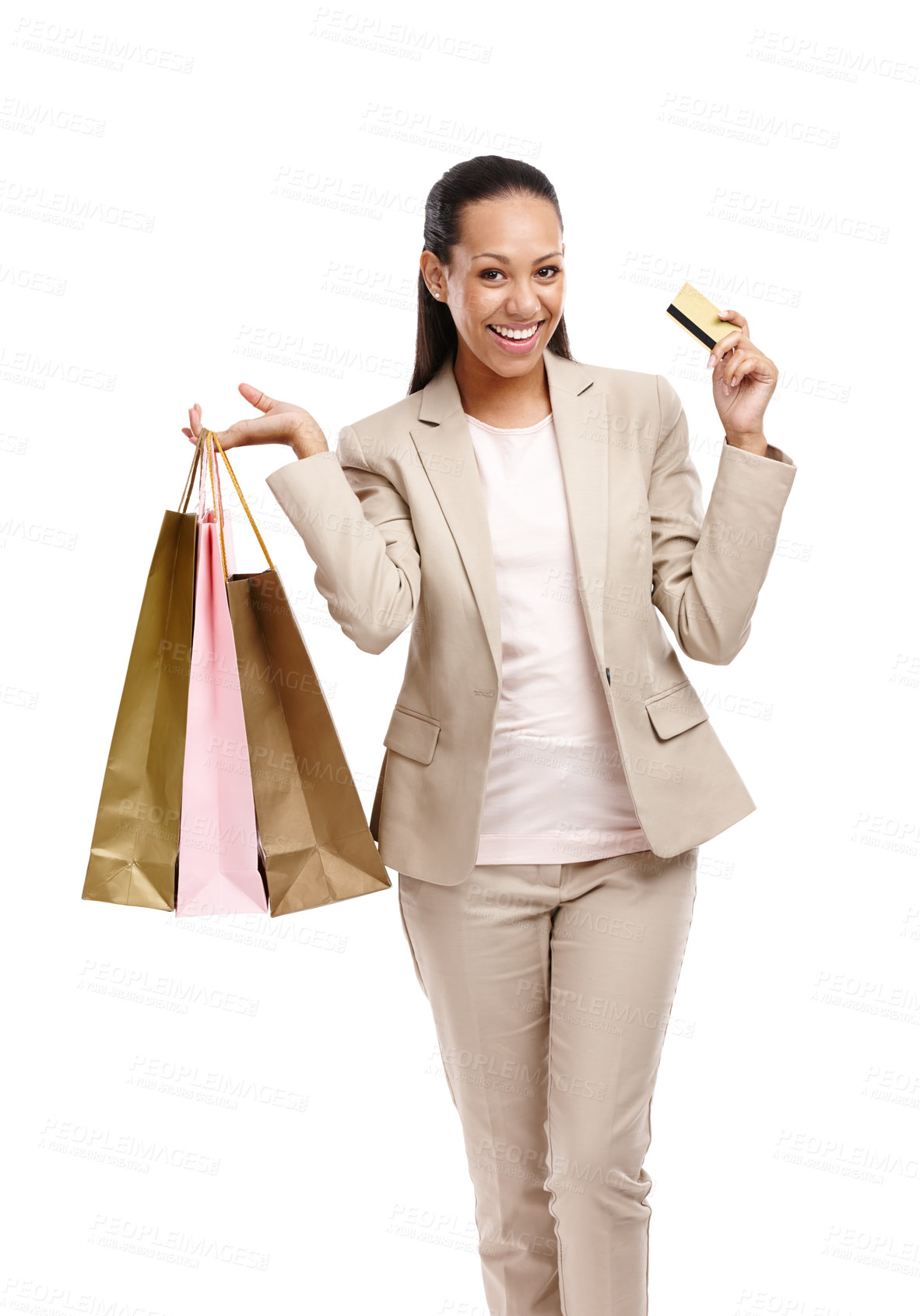 Buy stock photo Woman, shopping bag and professional credit card in portrait, business purchase and payment with sale on white background. Finance, company expense and retail store discount with customer in studio