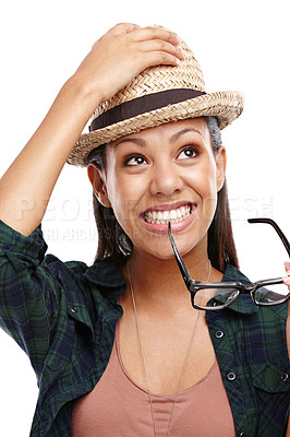 Buy stock photo Woman, studio or smile with spectacles and straw hat for tour guide, trip or experience or thinking. Female person, backdrop or happy with glasses and panama for work, travel or sightseeing in brazil