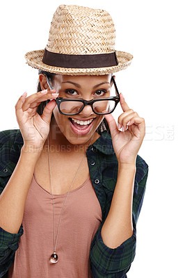 Buy stock photo Portrait of an attractive young woman wearing a straw hat and glasses isolated on white