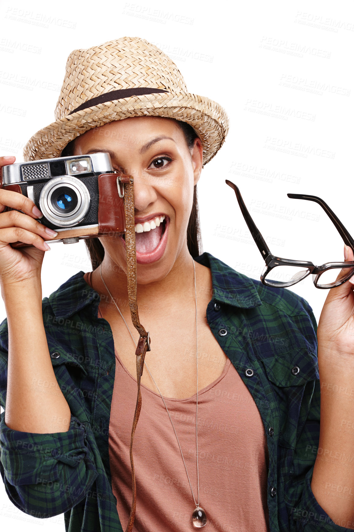 Buy stock photo Female person, portrait and camera in isolated, travel and smile in white background or studio. Woman, happy and summer for tourism, destination and photography in backdrop on vacation or holiday